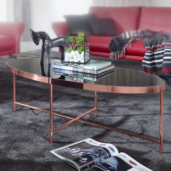 Ovalt sofabord med bordplade i sort glas og kobberfarvet kant