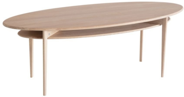Sofabord Oscarssons Möbel Celia - ovalt kaffebord i massivt egetræ m. hylde, hvidolieret | L140 x B56 x H50 cm