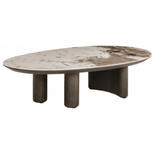 LANGFORD Ovalt sofabord i egetræsfinér, MDF og keramik 135 x 80 cm - Brun/Brun marmor