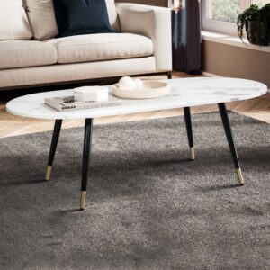 Sofabord 120x60x41,5 cm med marmorlook, hvidt, moderne design, stuebord med metalstel, ovalt sofabord, stort sidebord til stuen