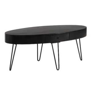 Sofabord 100x50x40 cm, massivt mangotræ og metal, ovalt designer stuebord med skuffe, massivt træ sofabord med opbevaring, stort stuebord med hårnåleben